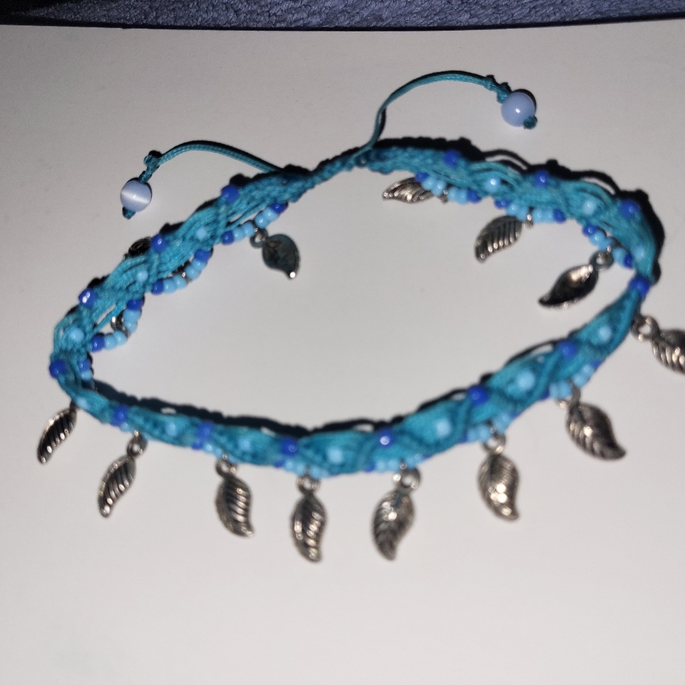 Blue Micro Macrame  with Silver Leaf Charms Anklet